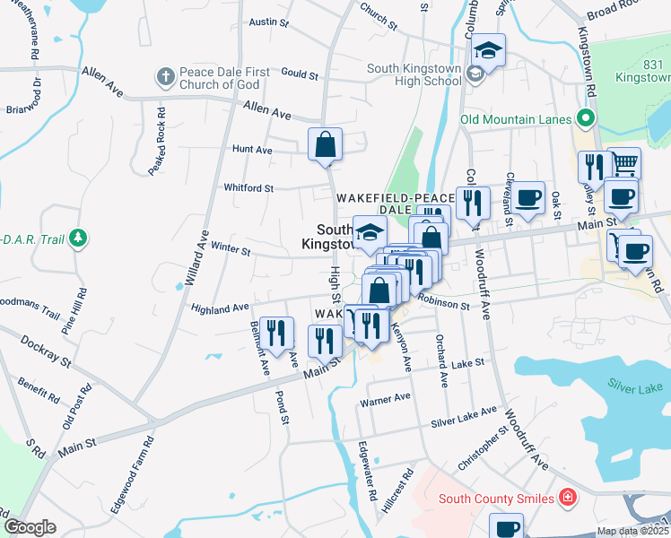 map of restaurants, bars, coffee shops, grocery stores, and more near 101 High Street in South Kingstown