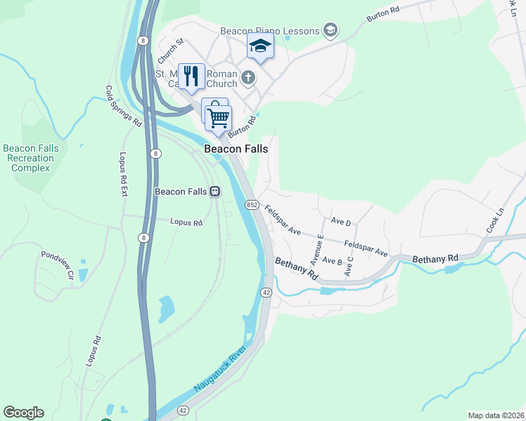 map of restaurants, bars, coffee shops, grocery stores, and more near 91 South Main Street in Beacon Falls