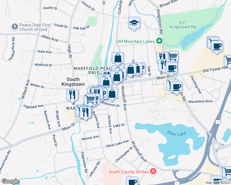 map of restaurants, bars, coffee shops, grocery stores, and more near 204 Main Street in South Kingstown