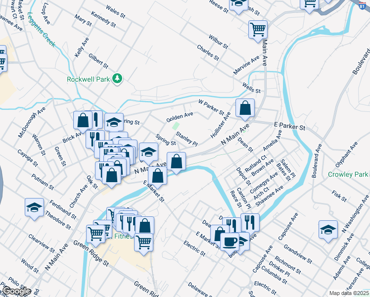 map of restaurants, bars, coffee shops, grocery stores, and more near 124 Belmont Terrace in Scranton