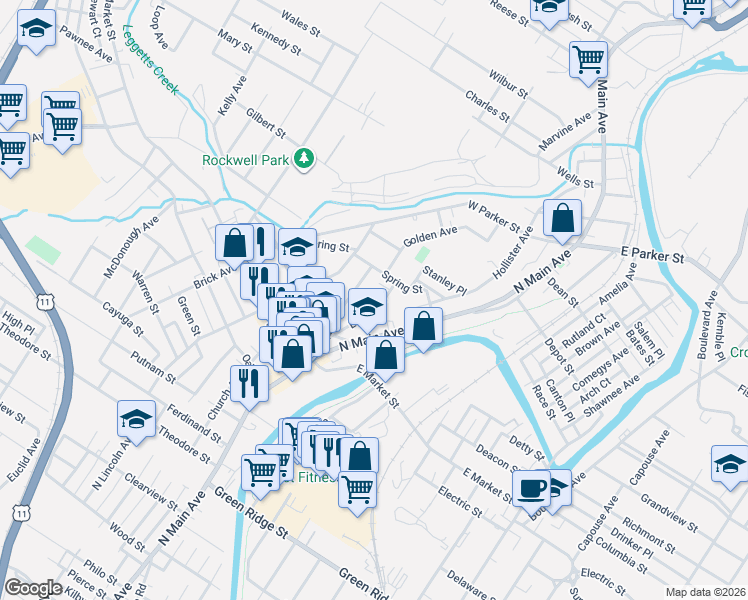 map of restaurants, bars, coffee shops, grocery stores, and more near 207 Spring Street in Scranton