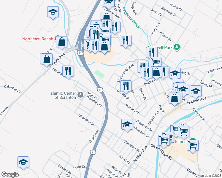 map of restaurants, bars, coffee shops, grocery stores, and more near 530 Cayuga Street in Scranton