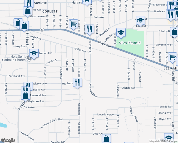 map of restaurants, bars, coffee shops, grocery stores, and more near 4385 East 144th Street in Cleveland