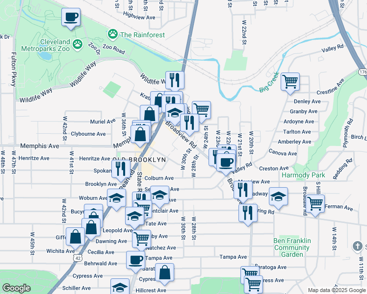 map of restaurants, bars, coffee shops, grocery stores, and more near 3301 Broadview Road in Cleveland