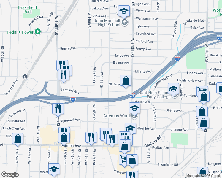 map of restaurants, bars, coffee shops, grocery stores, and more near 4187 West 143rd Street in Cleveland