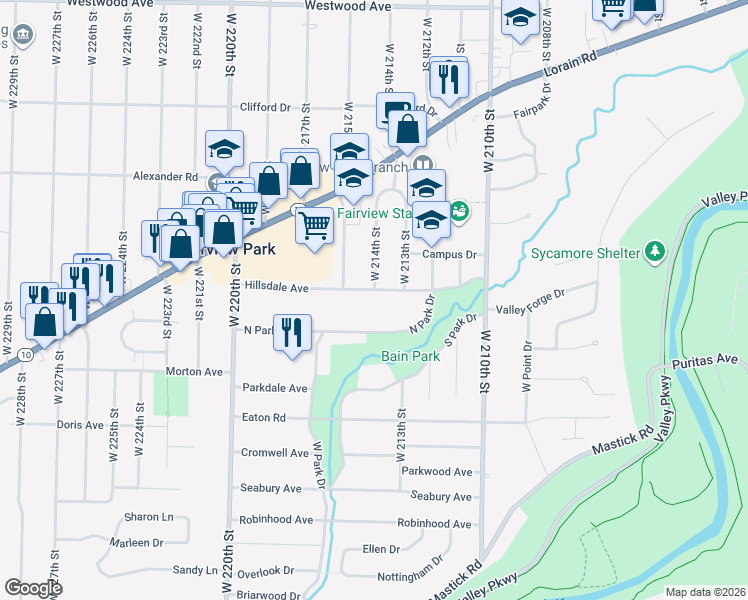map of restaurants, bars, coffee shops, grocery stores, and more near 21440 Hillsdale Avenue in Fairview Park