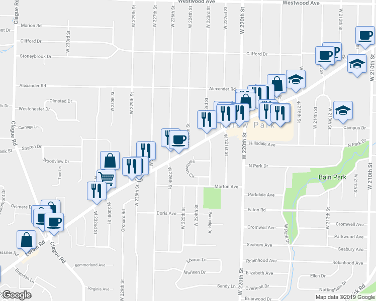 map of restaurants, bars, coffee shops, grocery stores, and more near 22445 Lorain Road in Fairview Park