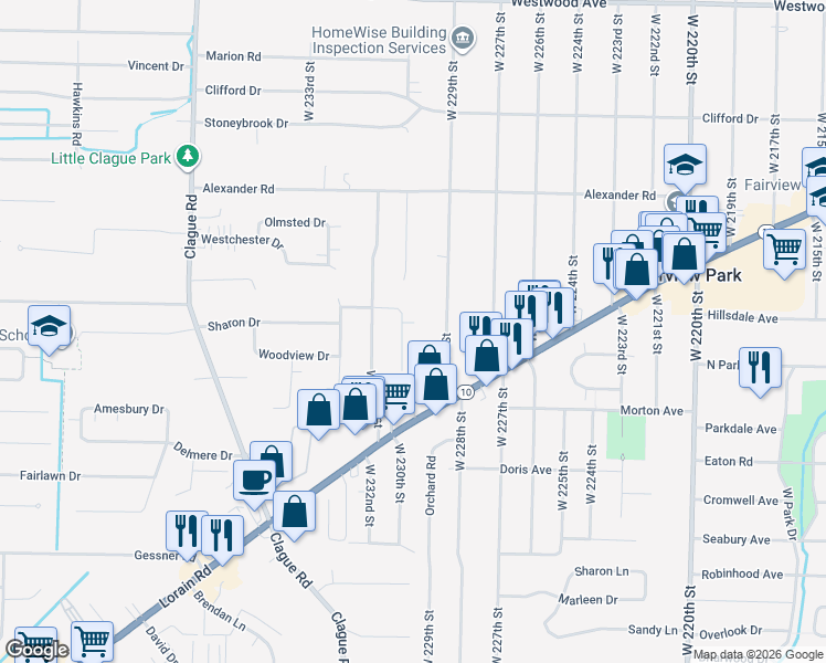 map of restaurants, bars, coffee shops, grocery stores, and more near 4330 West 229th Street in Fairview Park