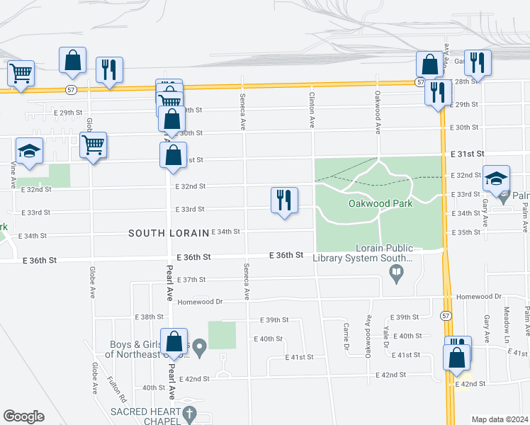 map of restaurants, bars, coffee shops, grocery stores, and more near 1922 East 33rd Street in Lorain