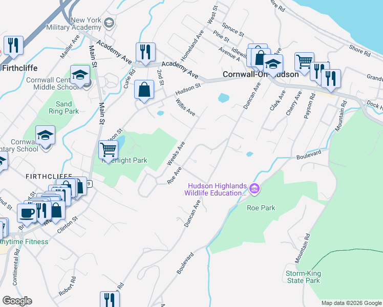 map of restaurants, bars, coffee shops, grocery stores, and more near 29 Meadow Avenue in Cornwall-on-Hudson