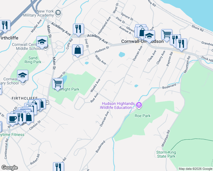 map of restaurants, bars, coffee shops, grocery stores, and more near 29 Meadow Avenue in Cornwall-on-Hudson