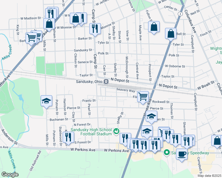 map of restaurants, bars, coffee shops, grocery stores, and more near 1630 North Depot Street in Sandusky