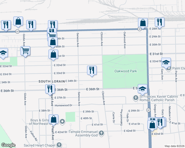map of restaurants, bars, coffee shops, grocery stores, and more near 1950 East 33rd Street in Lorain