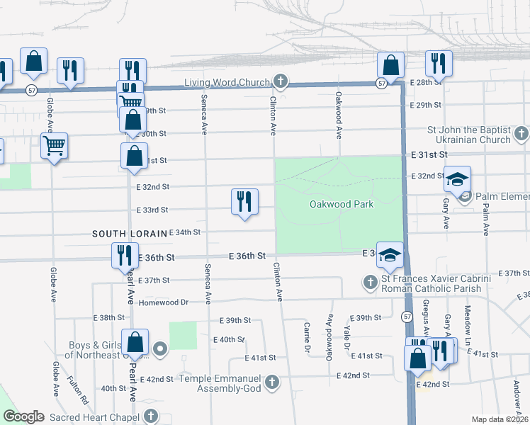 map of restaurants, bars, coffee shops, grocery stores, and more near 1974 East 33rd Street in Lorain
