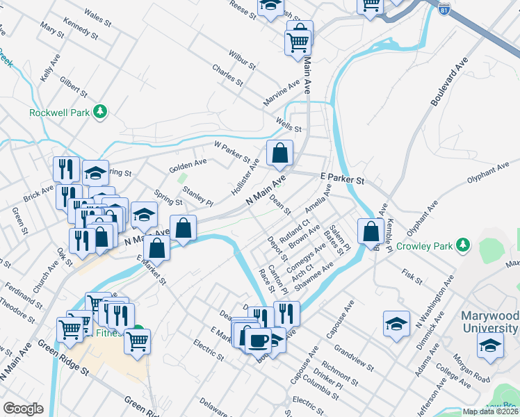 map of restaurants, bars, coffee shops, grocery stores, and more near 44 Depot Street in Scranton
