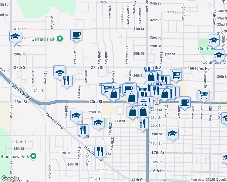 map of restaurants, bars, coffee shops, grocery stores, and more near 3625-3699 25th Street in Columbus