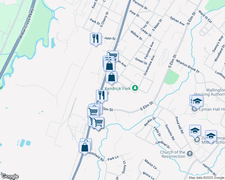 map of restaurants, bars, coffee shops, grocery stores, and more near 551 South Main Street in Wallingford