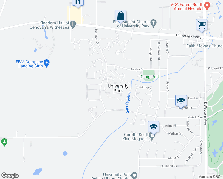 map of restaurants, bars, coffee shops, grocery stores, and more near 841 White Oak Lane in University Park