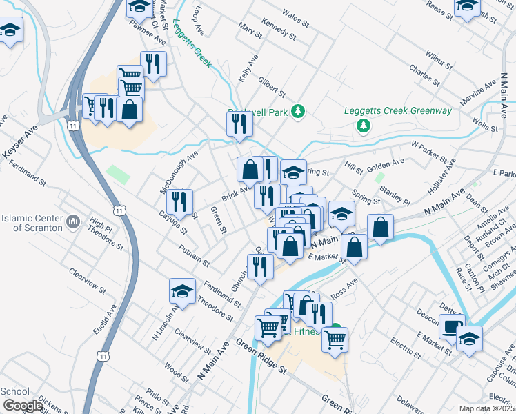 map of restaurants, bars, coffee shops, grocery stores, and more near 329 West Market Street in Scranton