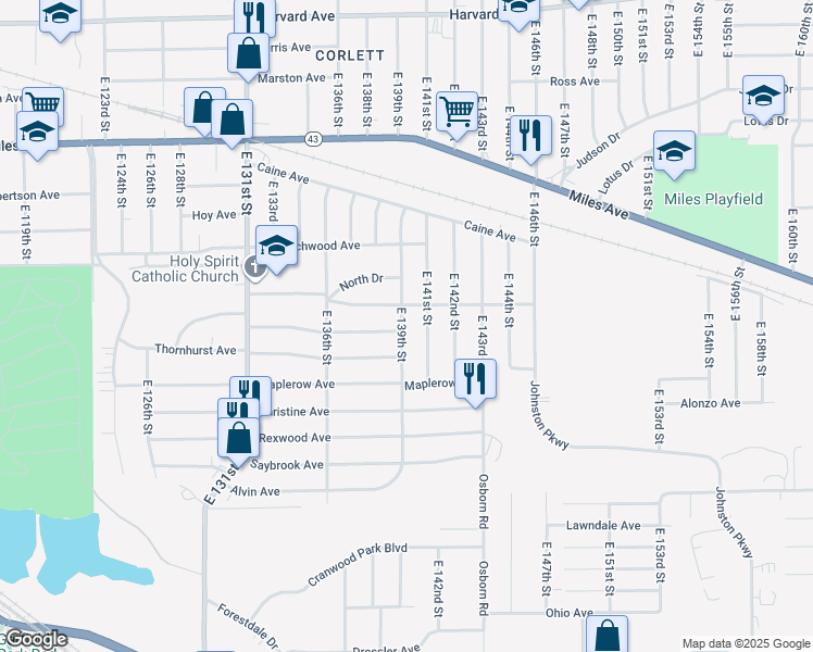map of restaurants, bars, coffee shops, grocery stores, and more near 4375 East 139th Street in Garfield Heights