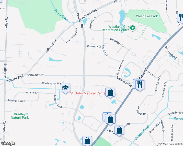 map of restaurants, bars, coffee shops, grocery stores, and more near 29300 Schwartz Road in Westlake