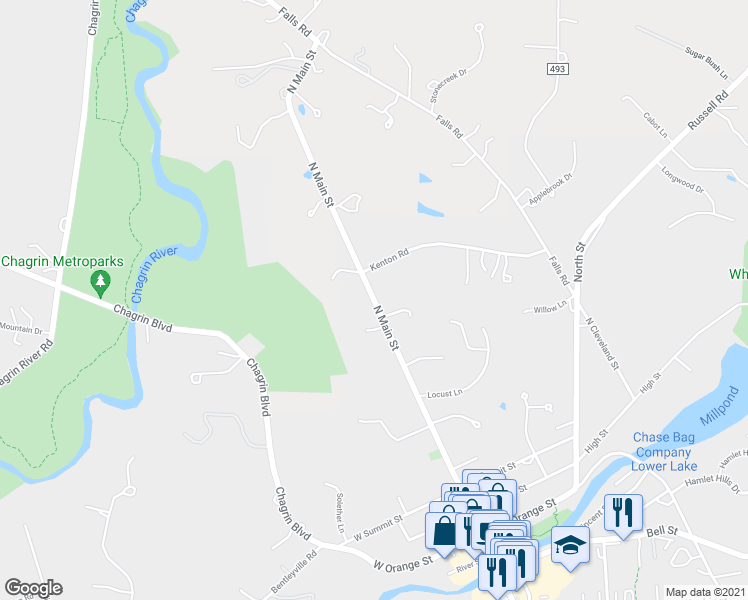 map of restaurants, bars, coffee shops, grocery stores, and more near 407 North Main Street in Chagrin Falls