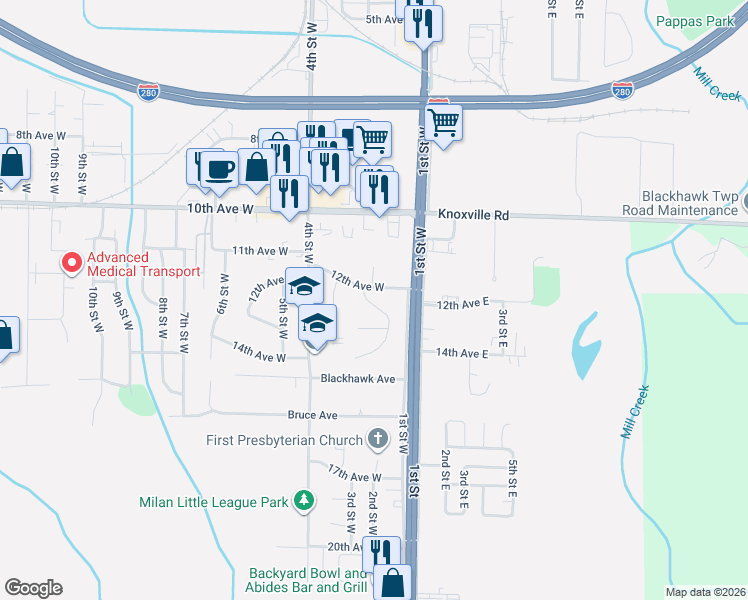 map of restaurants, bars, coffee shops, grocery stores, and more near 1237 Hilltop Drive in Milan