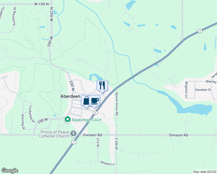 map of restaurants, bars, coffee shops, grocery stores, and more near 3074-3098 State Road 2 in Valparaiso