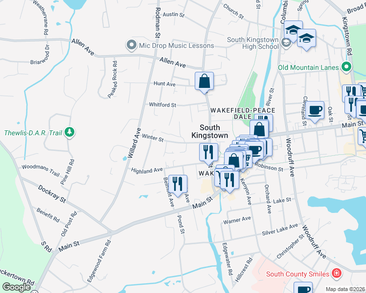 map of restaurants, bars, coffee shops, grocery stores, and more near 62 Winter Street in South Kingstown