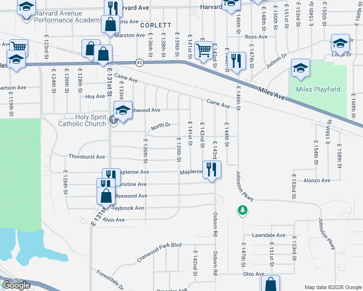 map of restaurants, bars, coffee shops, grocery stores, and more near 4375 East 139th Street in Garfield Heights
