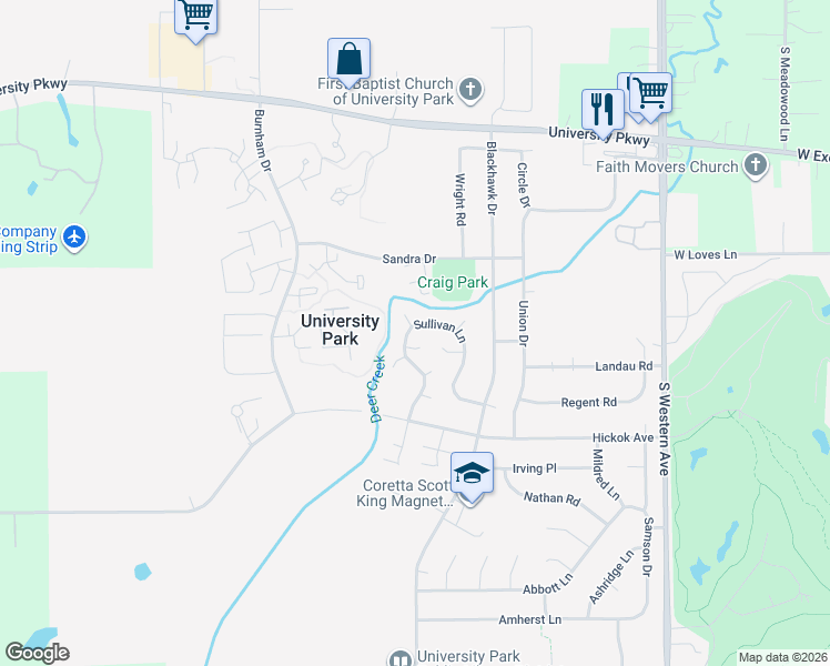 map of restaurants, bars, coffee shops, grocery stores, and more near 655 Sullivan Lane in University Park