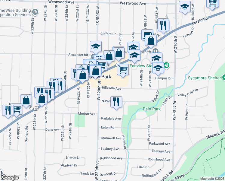map of restaurants, bars, coffee shops, grocery stores, and more near 21920 Hillsdale Avenue in Fairview Park