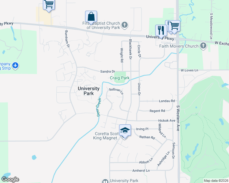 map of restaurants, bars, coffee shops, grocery stores, and more near 649 Sullivan Lane in University Park