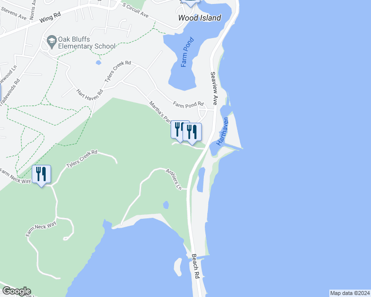 map of restaurants, bars, coffee shops, grocery stores, and more near 16 Martha's Park Road in Oak Bluffs