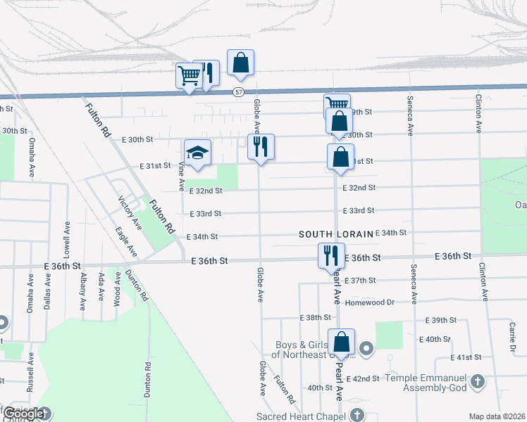 map of restaurants, bars, coffee shops, grocery stores, and more near 1703 East 33rd Street in Lorain
