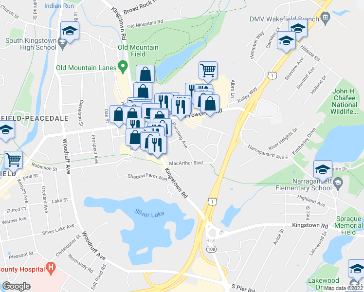 map of restaurants, bars, coffee shops, grocery stores, and more near 50 Pershing Avenue in South Kingstown