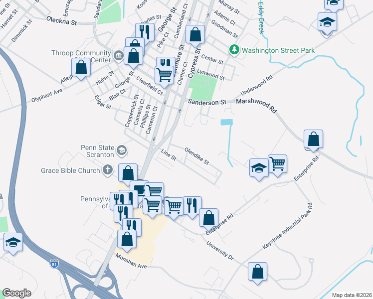map of restaurants, bars, coffee shops, grocery stores, and more near 5 Olendike Street in Throop