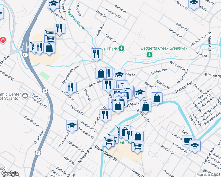 map of restaurants, bars, coffee shops, grocery stores, and more near 316 School Street in Scranton