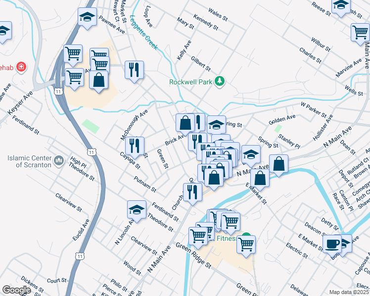 map of restaurants, bars, coffee shops, grocery stores, and more near 329 West Market Street in Scranton