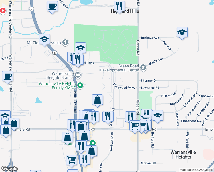 map of restaurants, bars, coffee shops, grocery stores, and more near 4421 Granada Boulevard in Warrensville Heights