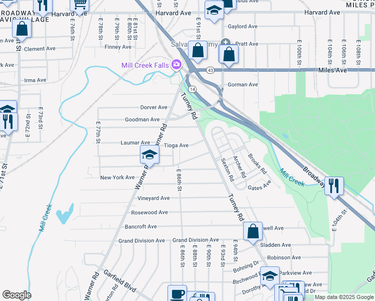 map of restaurants, bars, coffee shops, grocery stores, and more near 8905 Tioga Avenue in Cleveland