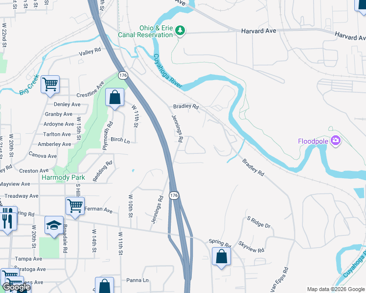 map of restaurants, bars, coffee shops, grocery stores, and more near 4220 Jennings Road in Cleveland