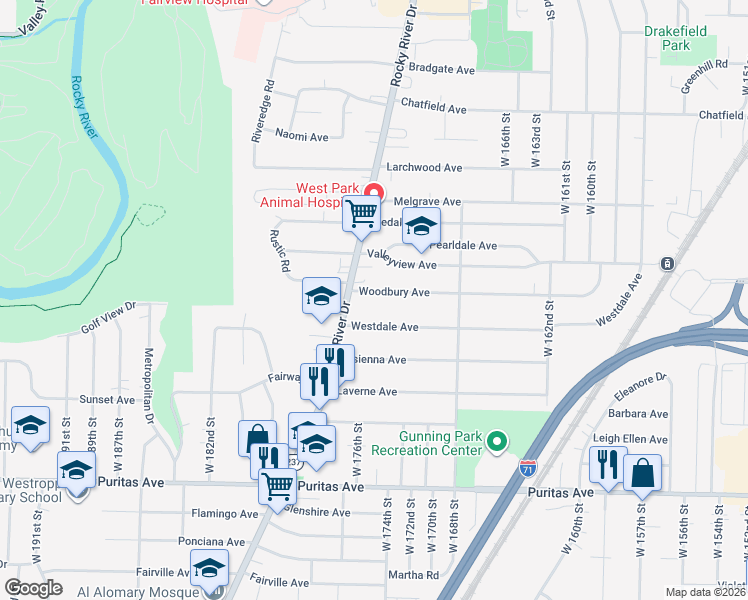 map of restaurants, bars, coffee shops, grocery stores, and more near 17502 Woodbury Avenue in Cleveland