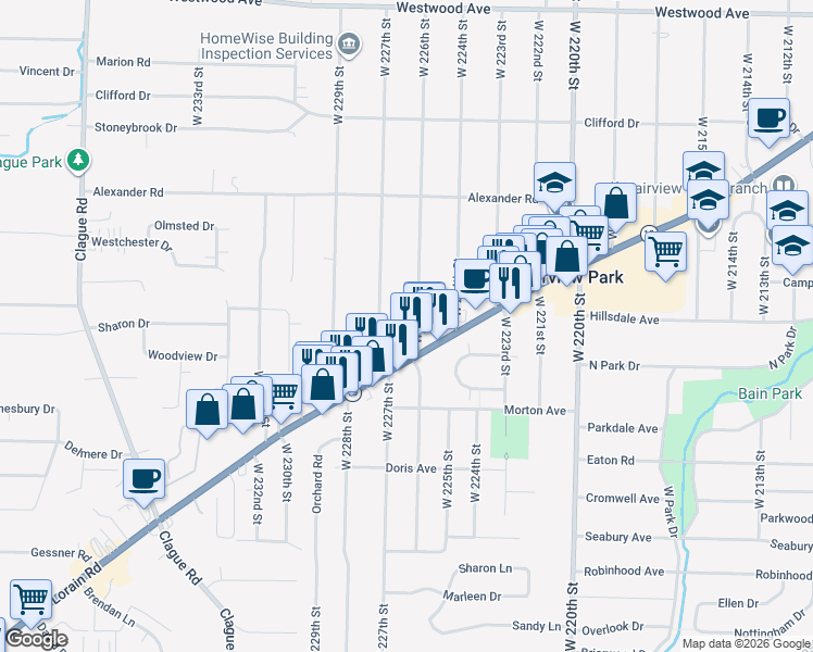 map of restaurants, bars, coffee shops, grocery stores, and more near 4297 West 227th Street in Fairview Park