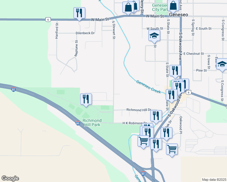 map of restaurants, bars, coffee shops, grocery stores, and more near 1001 South Stewart Street in Geneseo