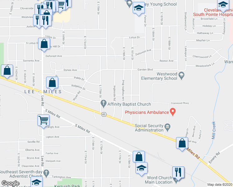 map of restaurants, bars, coffee shops, grocery stores, and more near 4417 Ingleside Road in Warrensville Heights