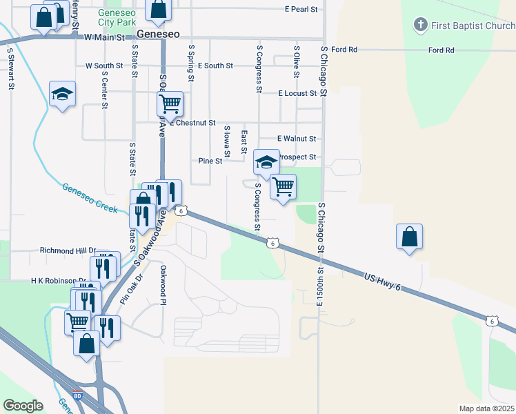 map of restaurants, bars, coffee shops, grocery stores, and more near 920 South Congress Street in Geneseo