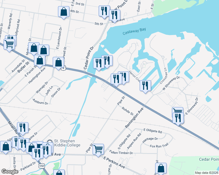 map of restaurants, bars, coffee shops, grocery stores, and more near 2027 Cleveland Road West in Sandusky