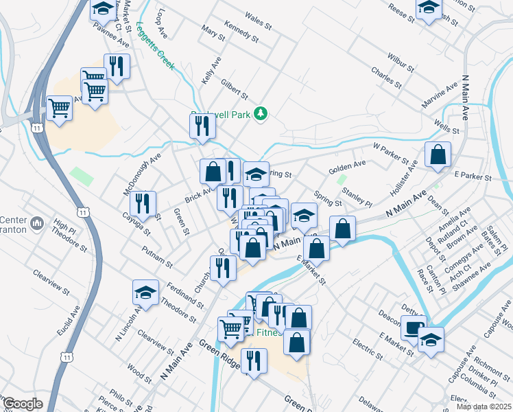 map of restaurants, bars, coffee shops, grocery stores, and more near 2011 13 Wayne Avenue in Scranton