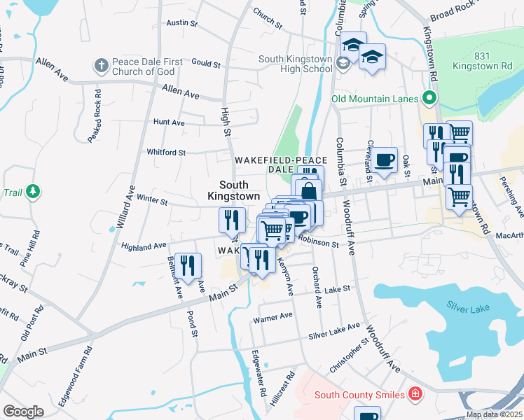 map of restaurants, bars, coffee shops, grocery stores, and more near 101 High Street in South Kingstown